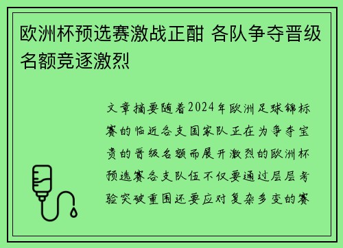 欧洲杯预选赛激战正酣 各队争夺晋级名额竞逐激烈