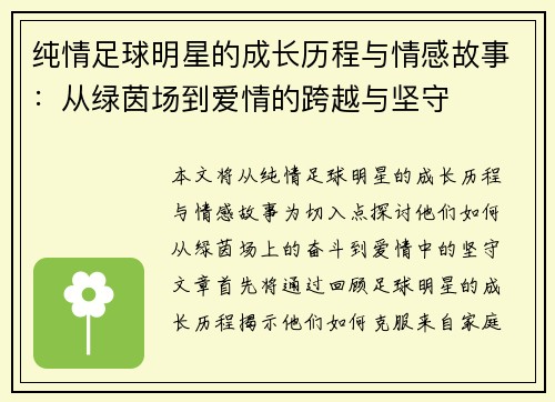 纯情足球明星的成长历程与情感故事：从绿茵场到爱情的跨越与坚守